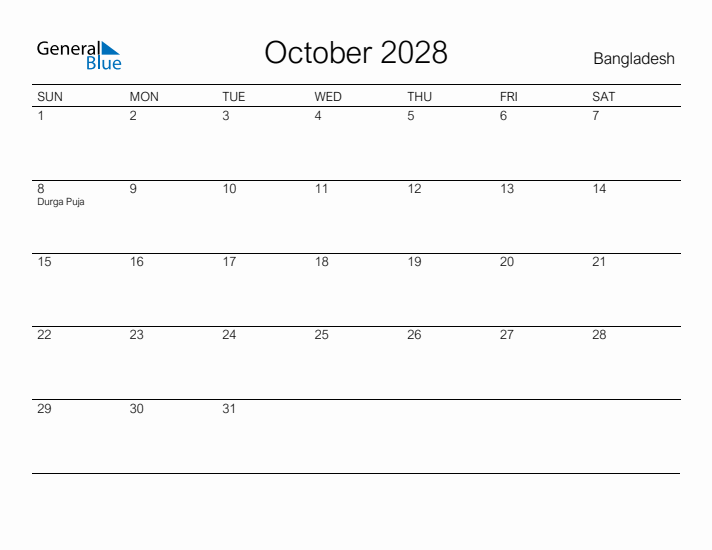 Printable October 2028 Calendar for Bangladesh