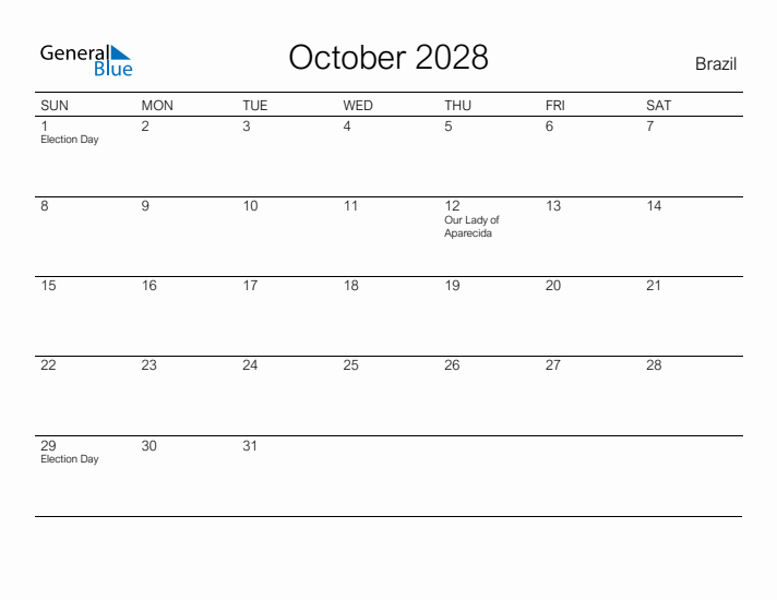 Printable October 2028 Calendar for Brazil