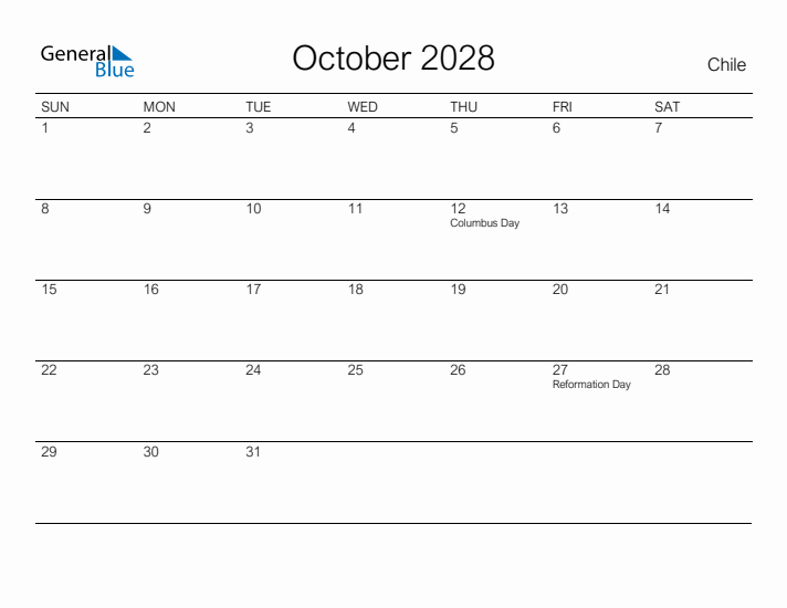 Printable October 2028 Calendar for Chile