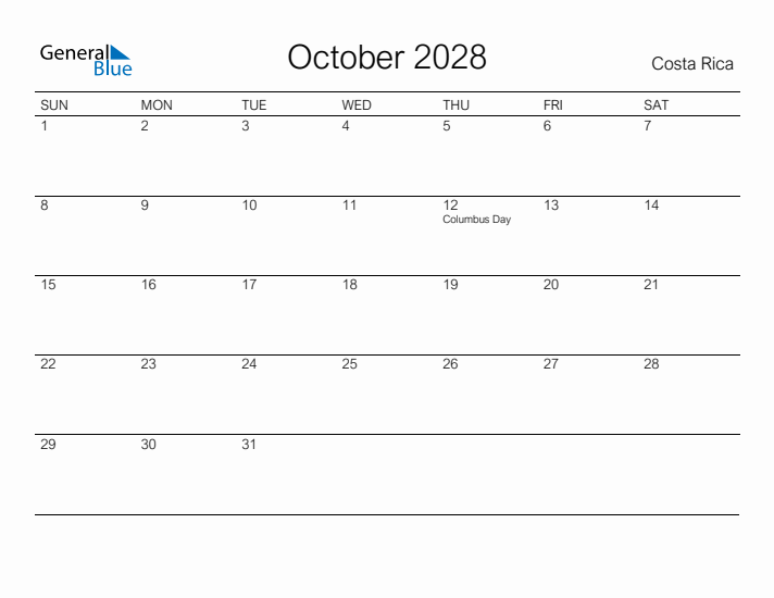 Printable October 2028 Calendar for Costa Rica