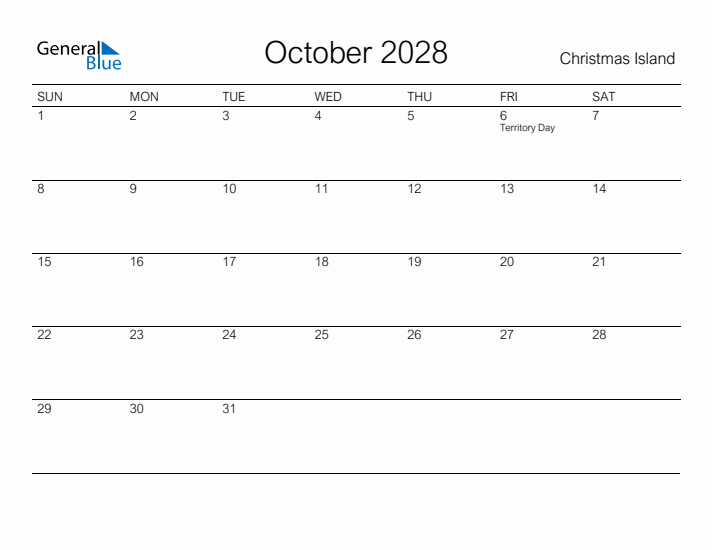 Printable October 2028 Calendar for Christmas Island
