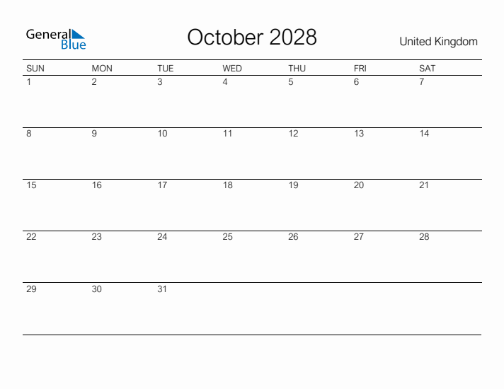 Printable October 2028 Calendar for United Kingdom