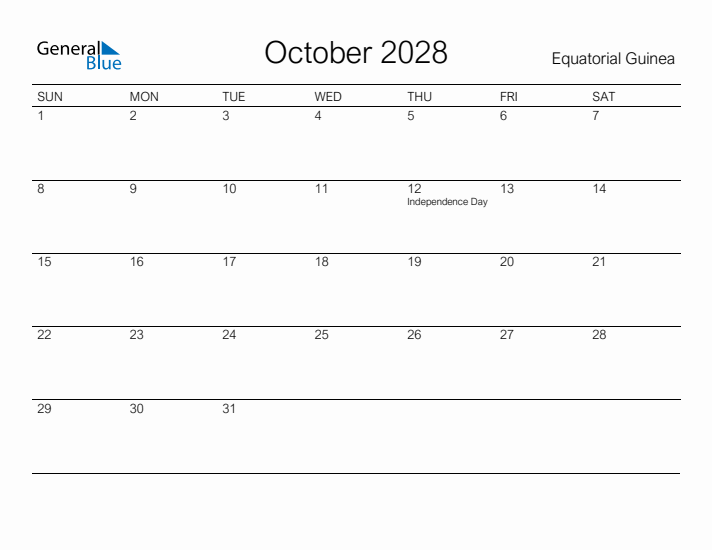 Printable October 2028 Calendar for Equatorial Guinea