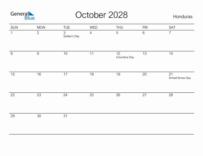 Printable October 2028 Calendar for Honduras