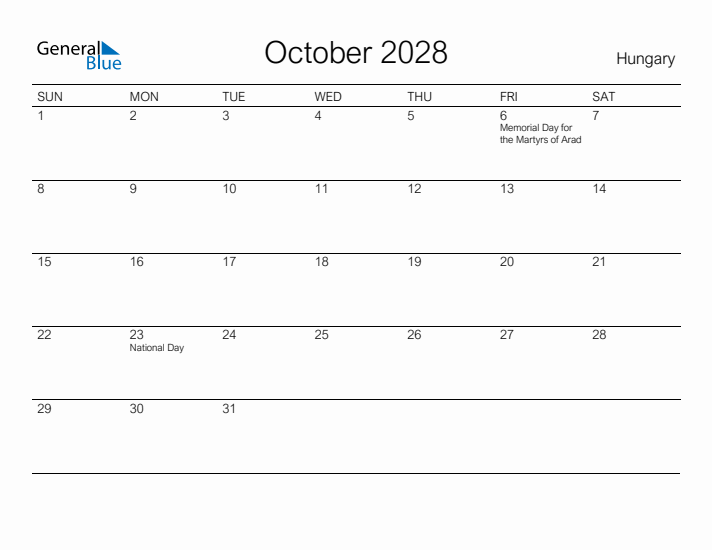Printable October 2028 Calendar for Hungary