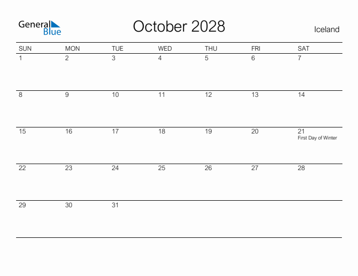 Printable October 2028 Calendar for Iceland