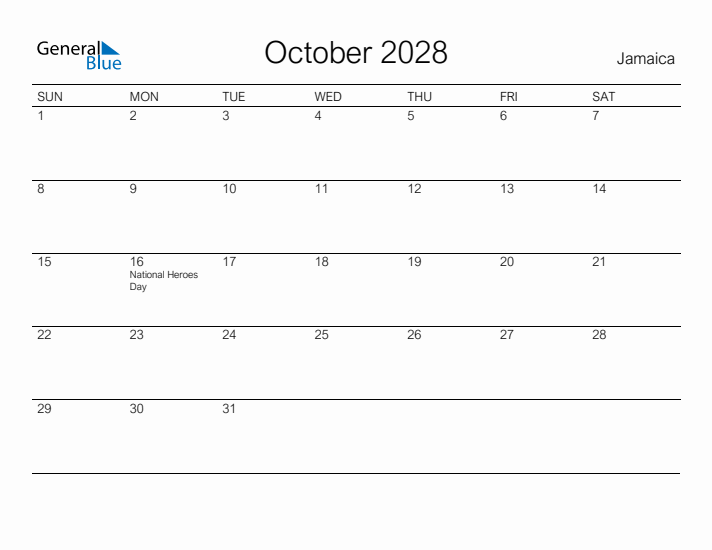 Printable October 2028 Calendar for Jamaica
