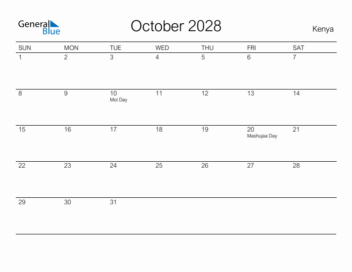 Printable October 2028 Calendar for Kenya