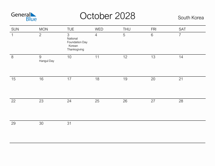 Printable October 2028 Calendar for South Korea
