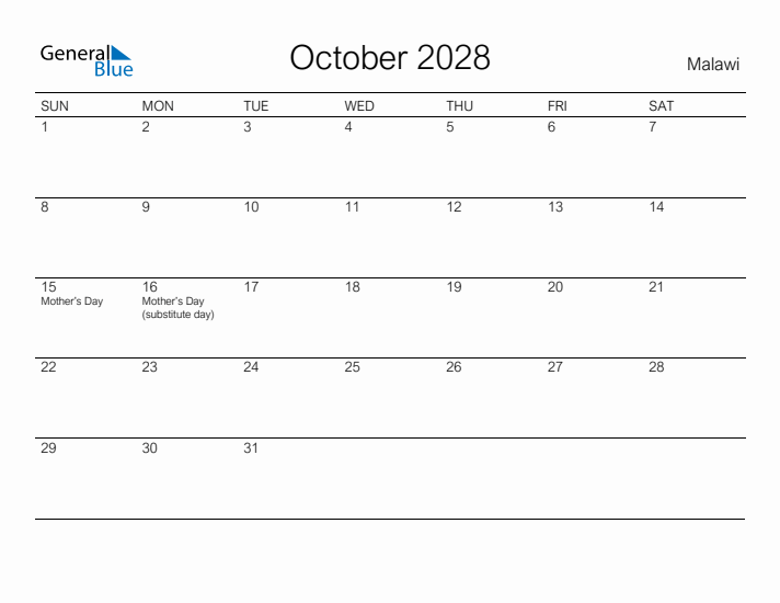 Printable October 2028 Calendar for Malawi