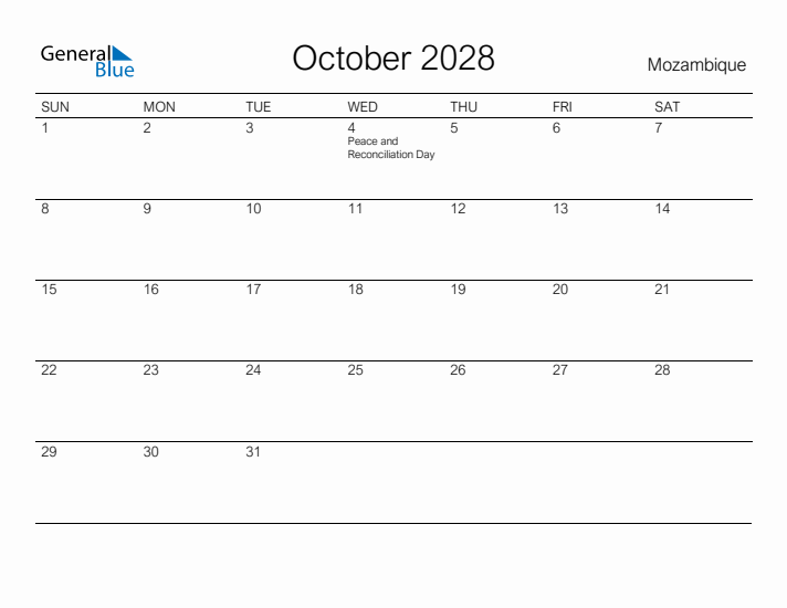 Printable October 2028 Calendar for Mozambique