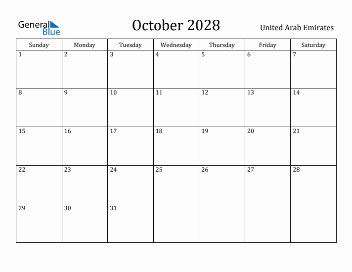 October 2028 Calendar United Arab Emirates