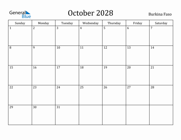 October 2028 Calendar Burkina Faso