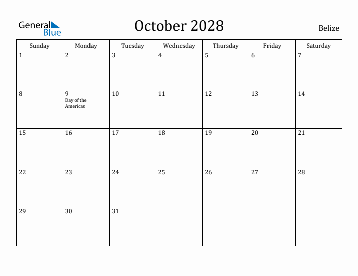 October 2028 Calendar Belize