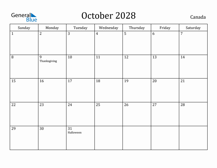 October 2028 Calendar Canada