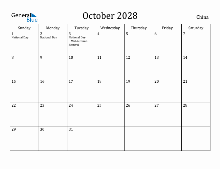 October 2028 Calendar China