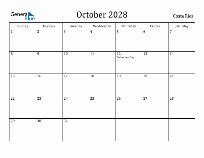 October 2028 Calendar Costa Rica
