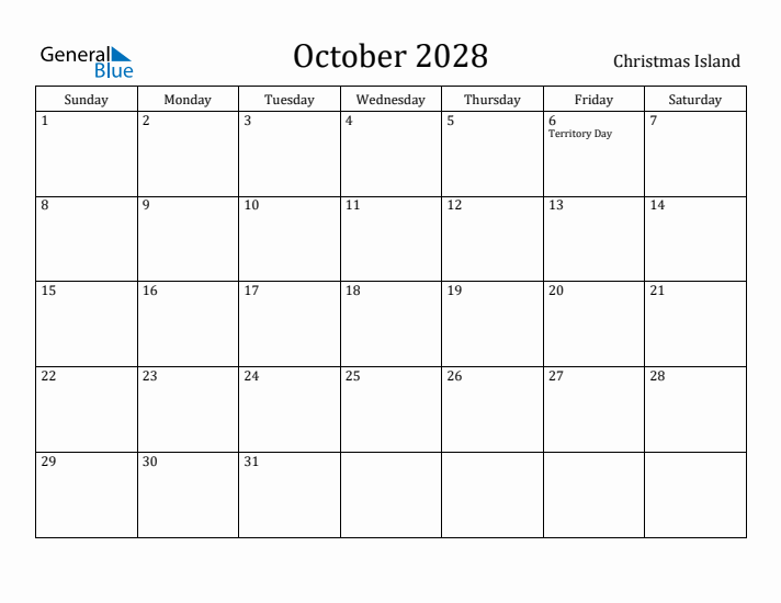 October 2028 Calendar Christmas Island