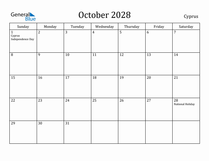 October 2028 Calendar Cyprus