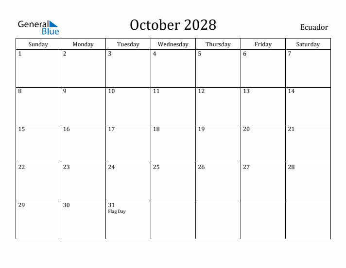 October 2028 Calendar Ecuador