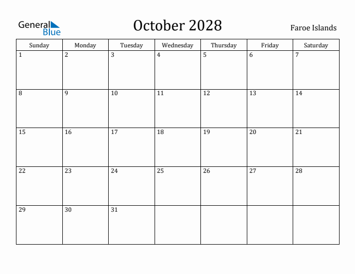 October 2028 Calendar Faroe Islands
