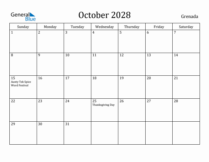 October 2028 Calendar Grenada
