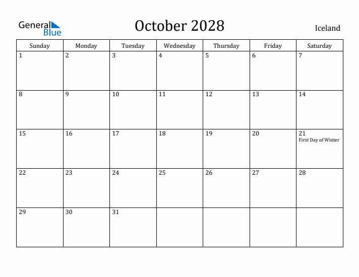 October 2028 Calendar Iceland
