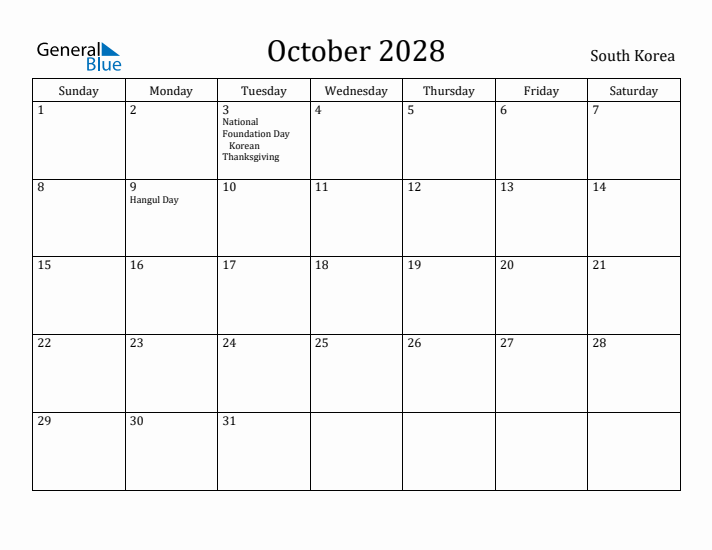 October 2028 Calendar South Korea