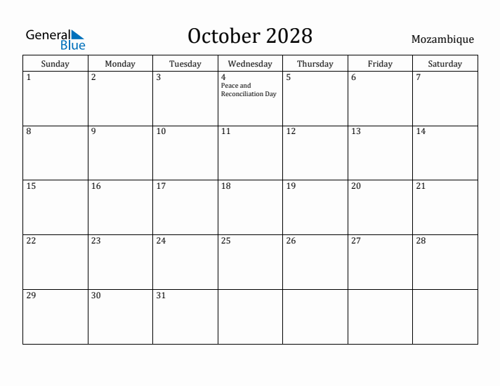 October 2028 Calendar Mozambique