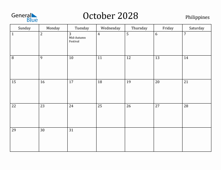 October 2028 Calendar Philippines