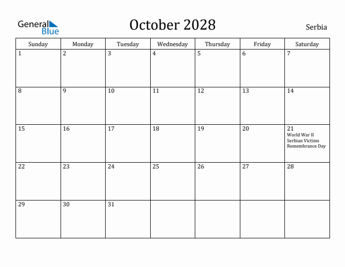 October 2028 Calendar Serbia