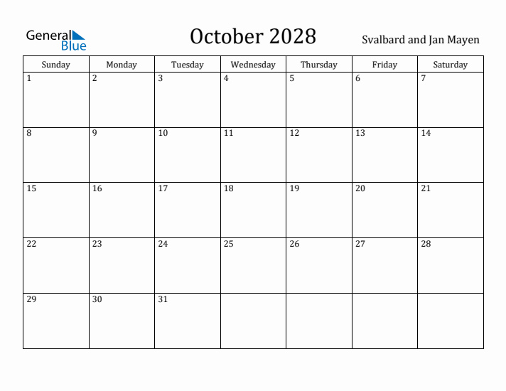 October 2028 Calendar Svalbard and Jan Mayen