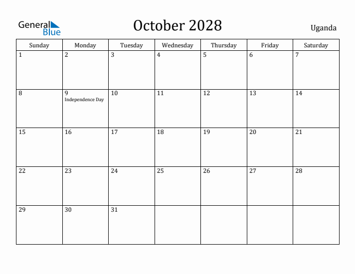 October 2028 Calendar Uganda