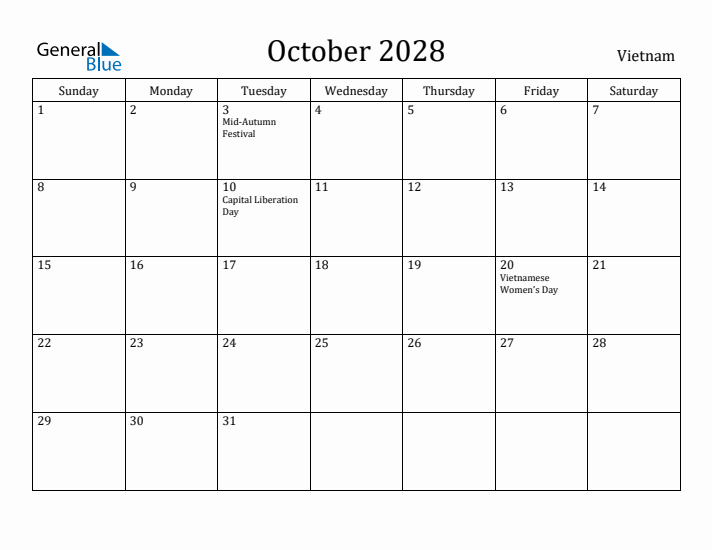 October 2028 Calendar Vietnam