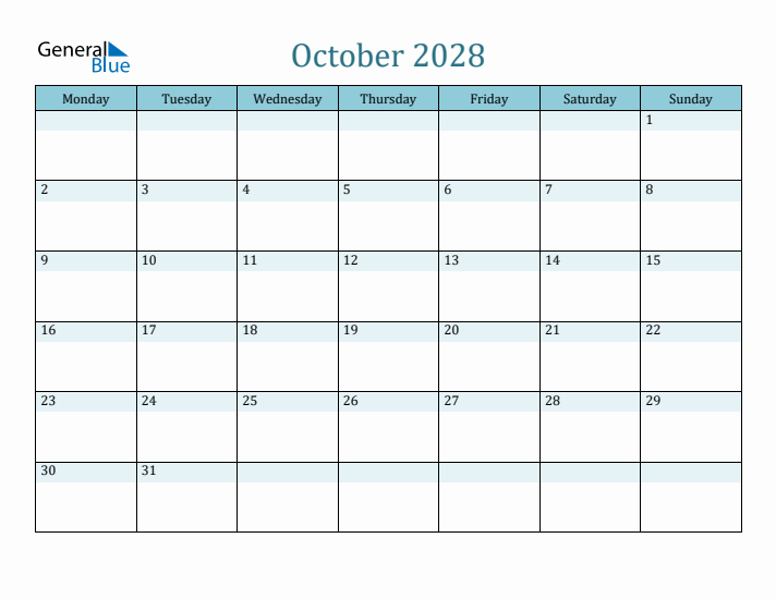 October 2028 Printable Calendar