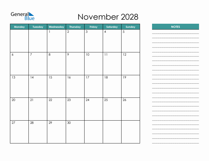 November 2028 Calendar with Notes