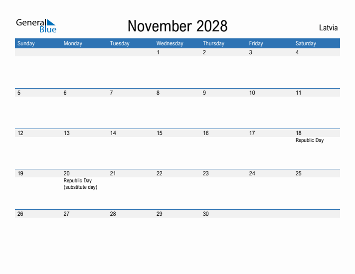 Fillable November 2028 Calendar