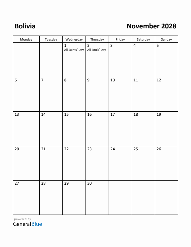 November 2028 Calendar with Bolivia Holidays