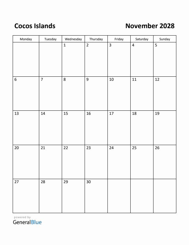November 2028 Calendar with Cocos Islands Holidays