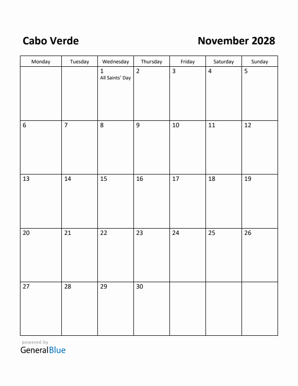November 2028 Calendar with Cabo Verde Holidays