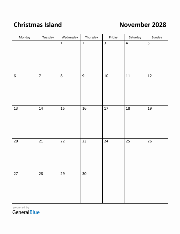 November 2028 Calendar with Christmas Island Holidays