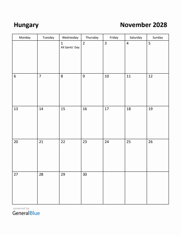 November 2028 Calendar with Hungary Holidays