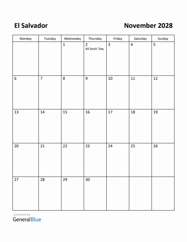 November 2028 Calendar with El Salvador Holidays