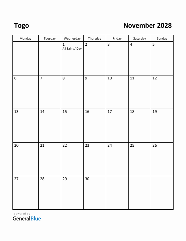 November 2028 Calendar with Togo Holidays