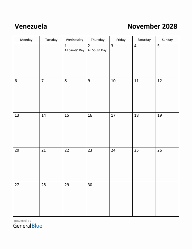 November 2028 Calendar with Venezuela Holidays