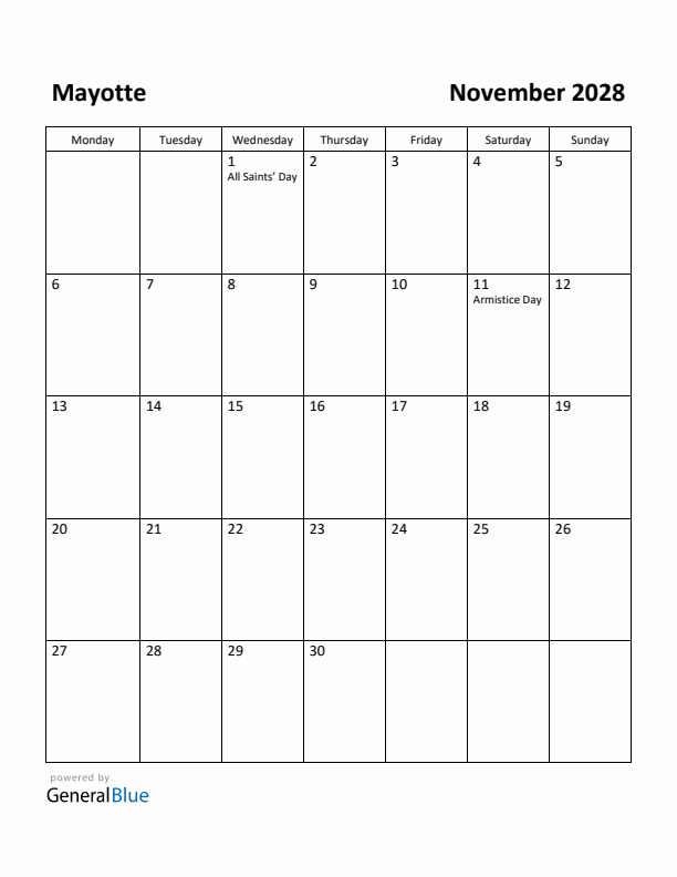 November 2028 Calendar with Mayotte Holidays