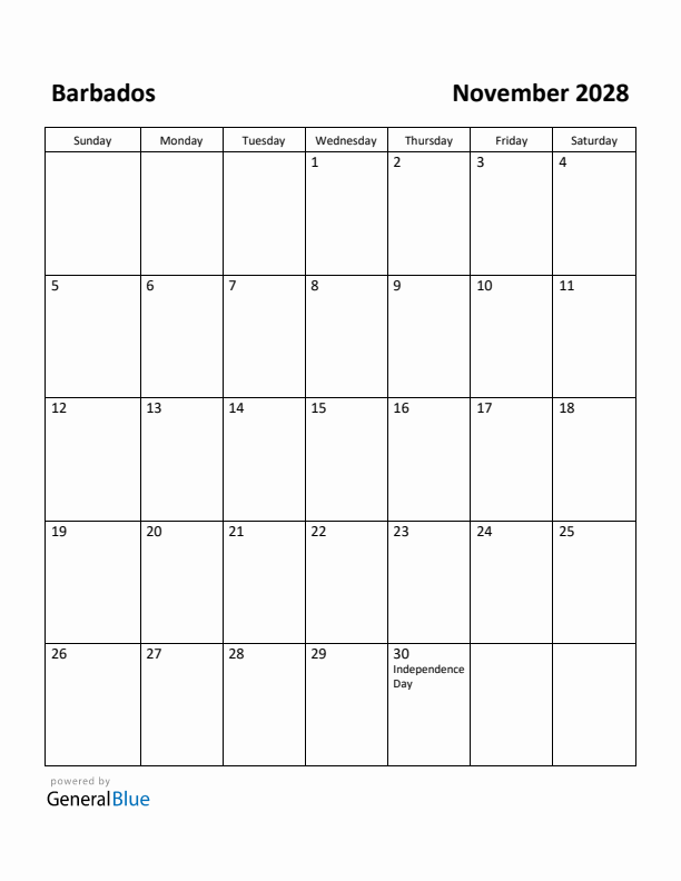 November 2028 Calendar with Barbados Holidays