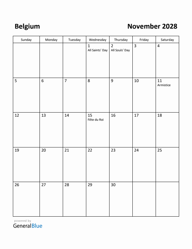 November 2028 Calendar with Belgium Holidays