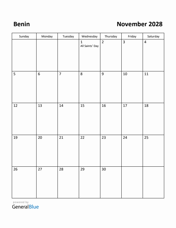 November 2028 Calendar with Benin Holidays