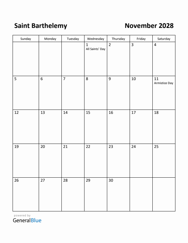 November 2028 Calendar with Saint Barthelemy Holidays